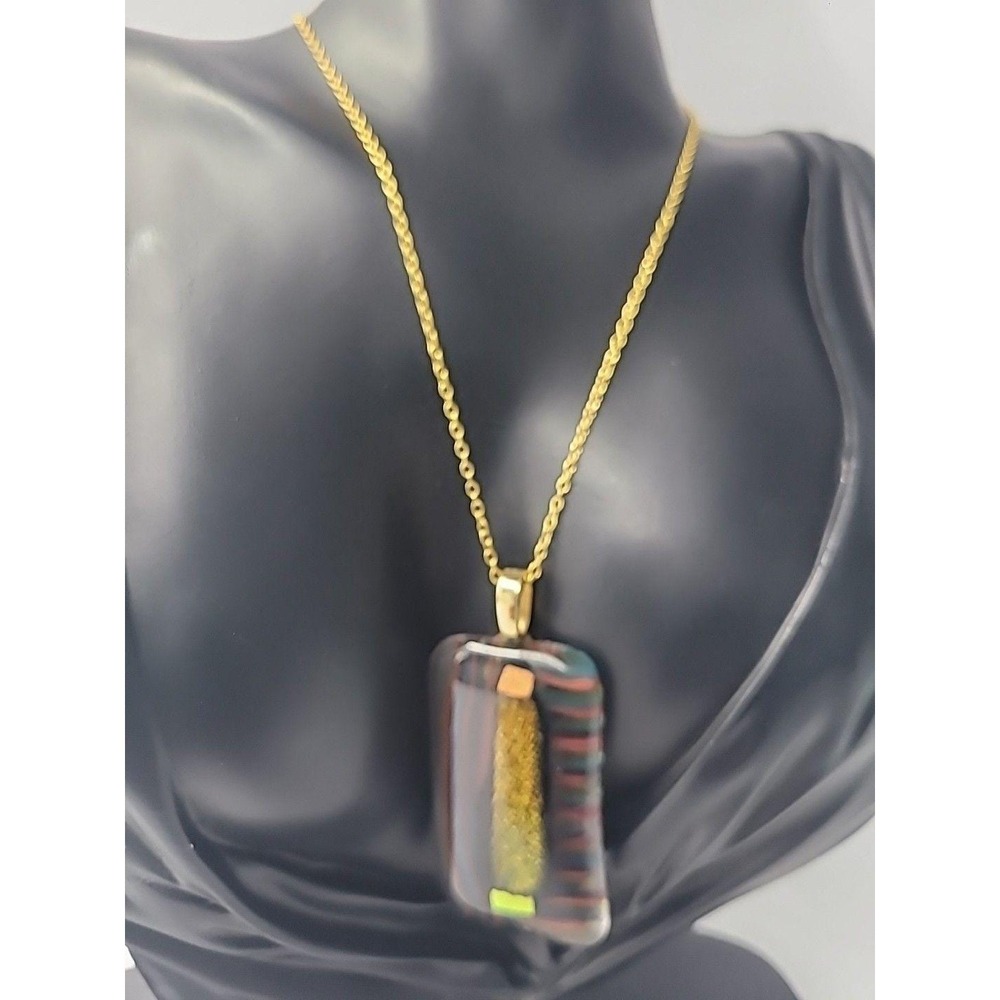 Vintage Artisan Glass Pendant Necklace Gold Dlitter Vial Abstract Rectangle